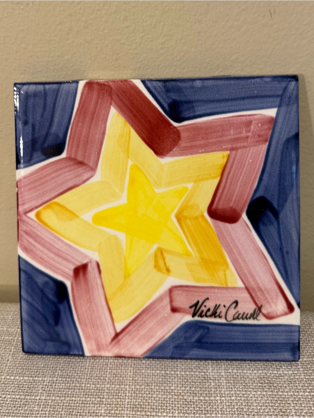 Vtg Vicki Carroll MS Studio Art Hand Painted Ceramic Star Tile Trivet 6"